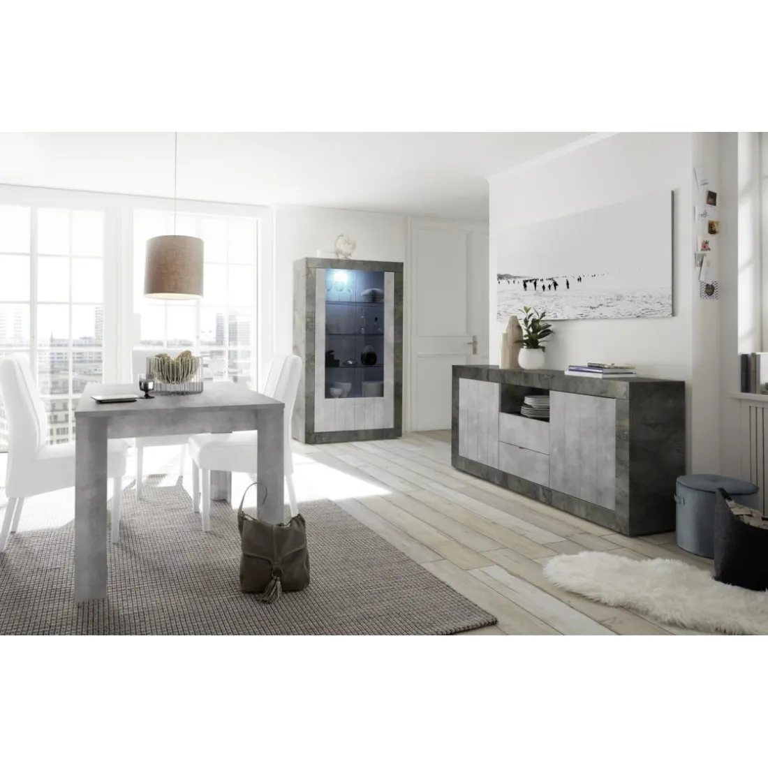 Buffet 2 portes battantes et 2 tiroirs URBINO oxyde et cement