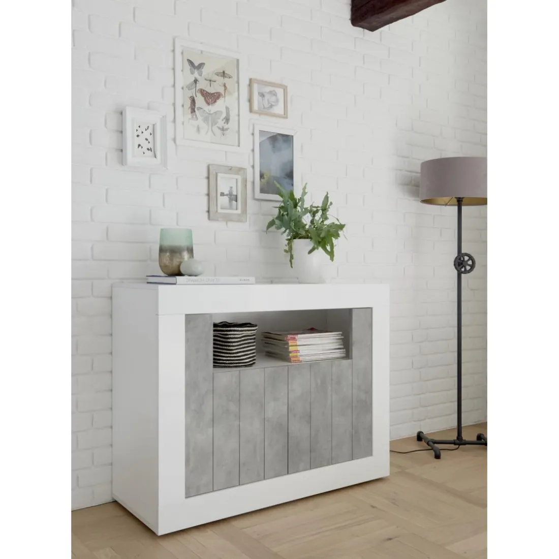 Buffet 2 portes battantes URBINO blanc laqué et cement
