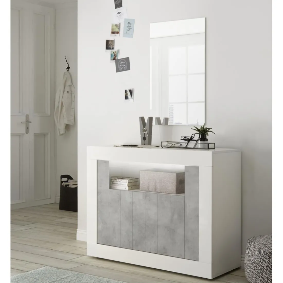 Buffet 2 portes battantes URBINO blanc laqué et cement