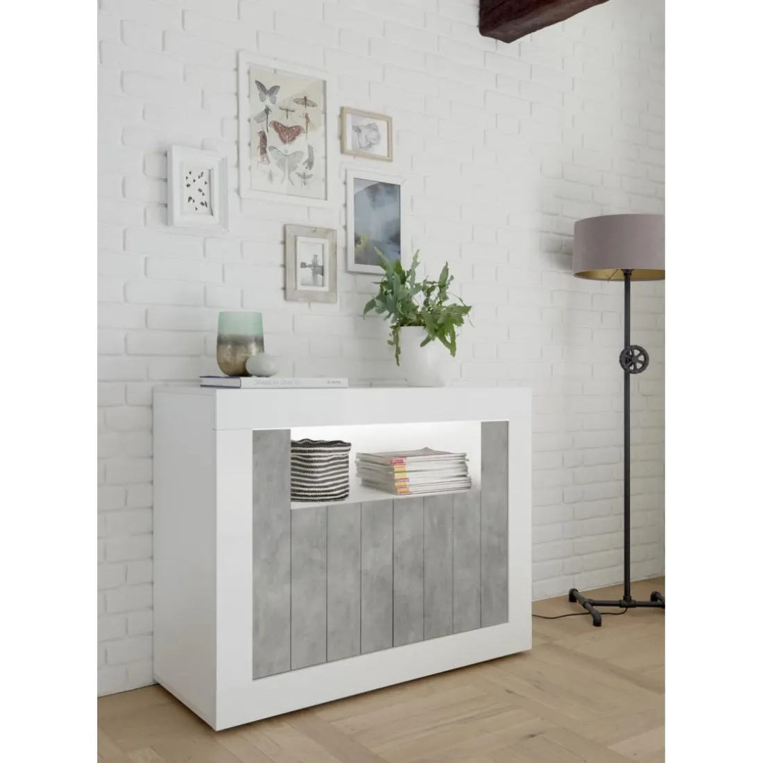 Buffet 2 portes battantes URBINO blanc laqué et cement
