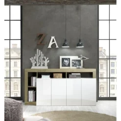 Buffet 4 portes blanc lacqué brillant chene Cadiz