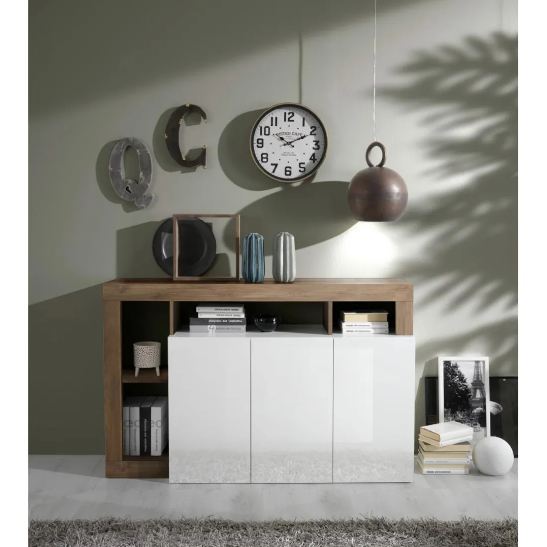 Buffet 3 portes blanc lacqué brillant bois mercure