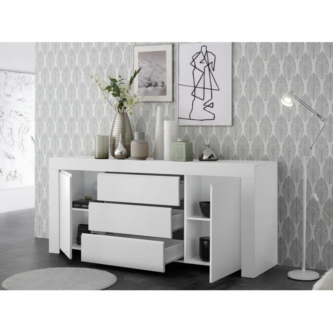 Buffet 2 portes et 3 tiroirs en bois FIRENZE blanc opaque