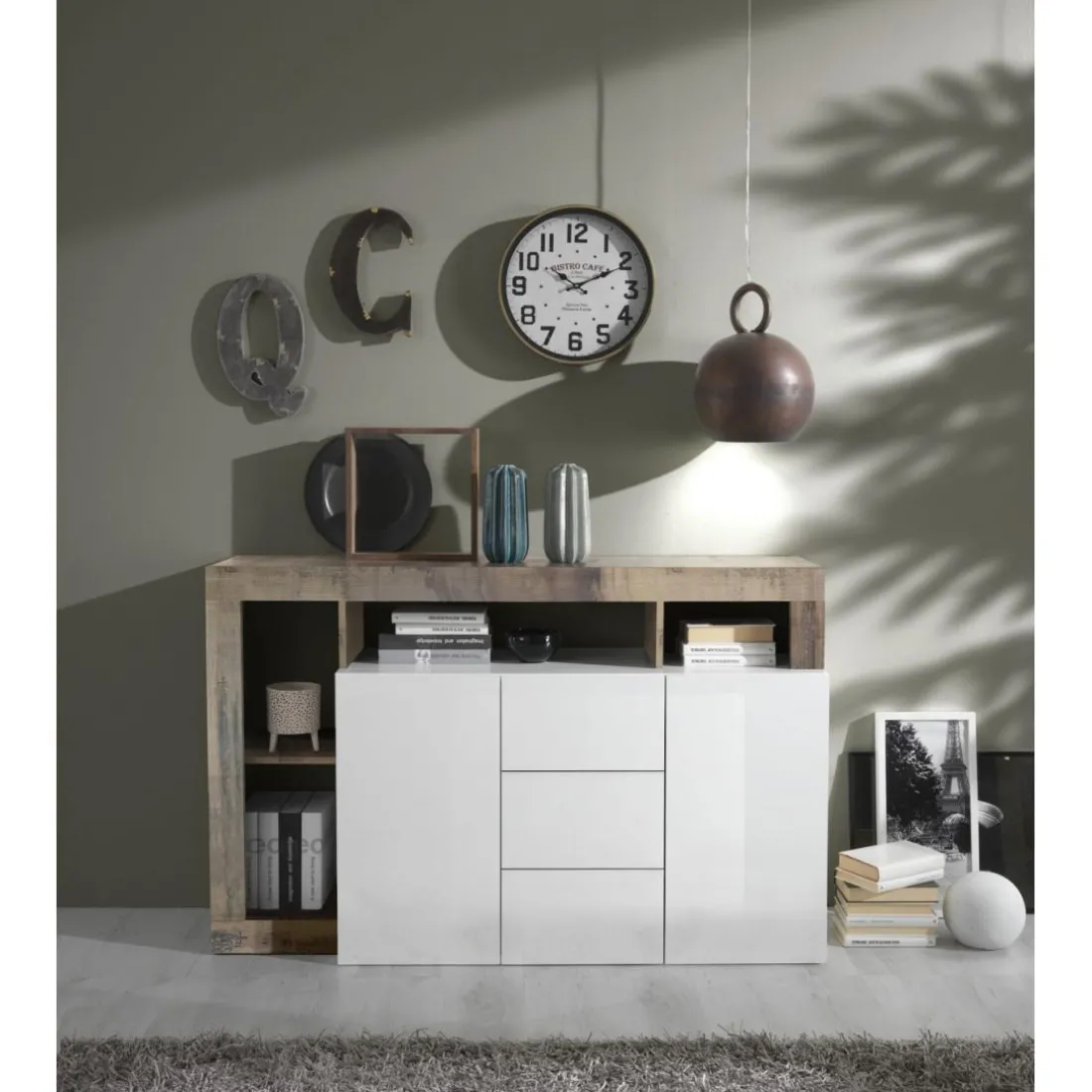 Buffet 2 portes et 3 tiroirs HAMBURG décor chene et laqué blanc