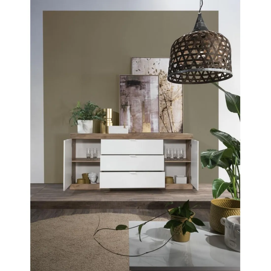 Buffet 2 portes et 3 tiroirs chene blanc
