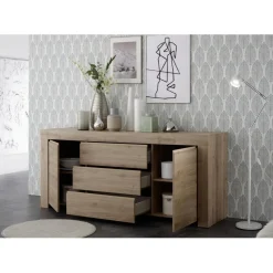 Buffet 2 portes et 3 tiroirs en bois FIRENZE décor chene