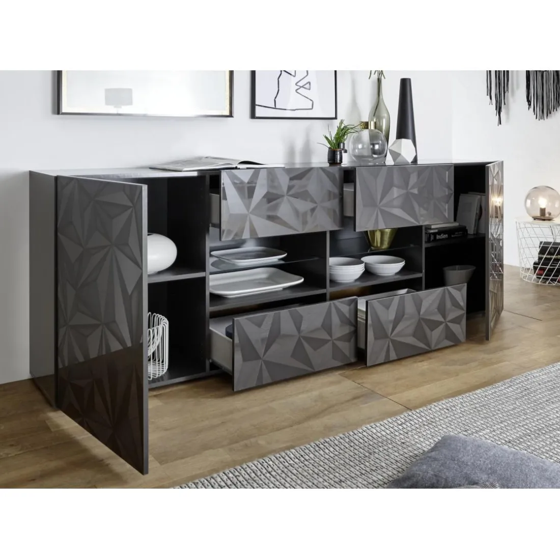 Buffet 2 portes et 4 tiroirs PRISMA laqué anthracite brillant