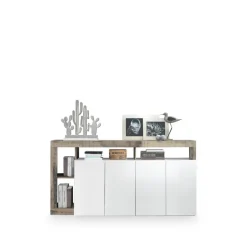 Buffet 4 portes HAMBURG décor chene et laqué blanc