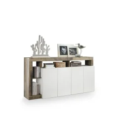 Buffet 4 portes HAMBURG décor chene et laqué blanc