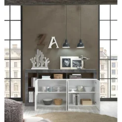 Buffet 4 portes HAMBURG laqué blanc et oxyde