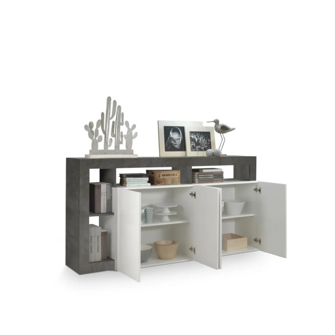 Buffet 4 portes HAMBURG laqué blanc et oxyde