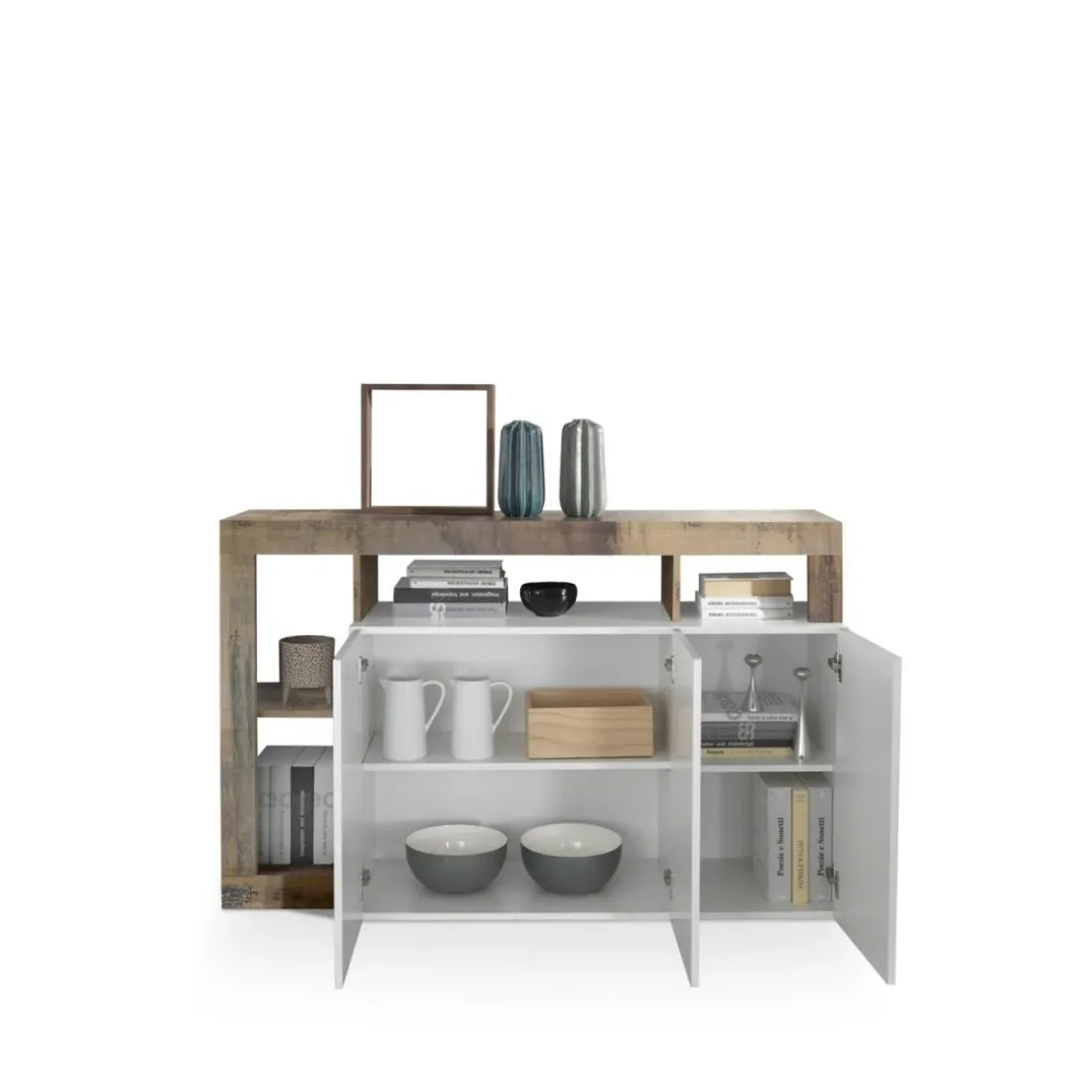 Buffet 3 portes MANGO décor chene et laqué blanc