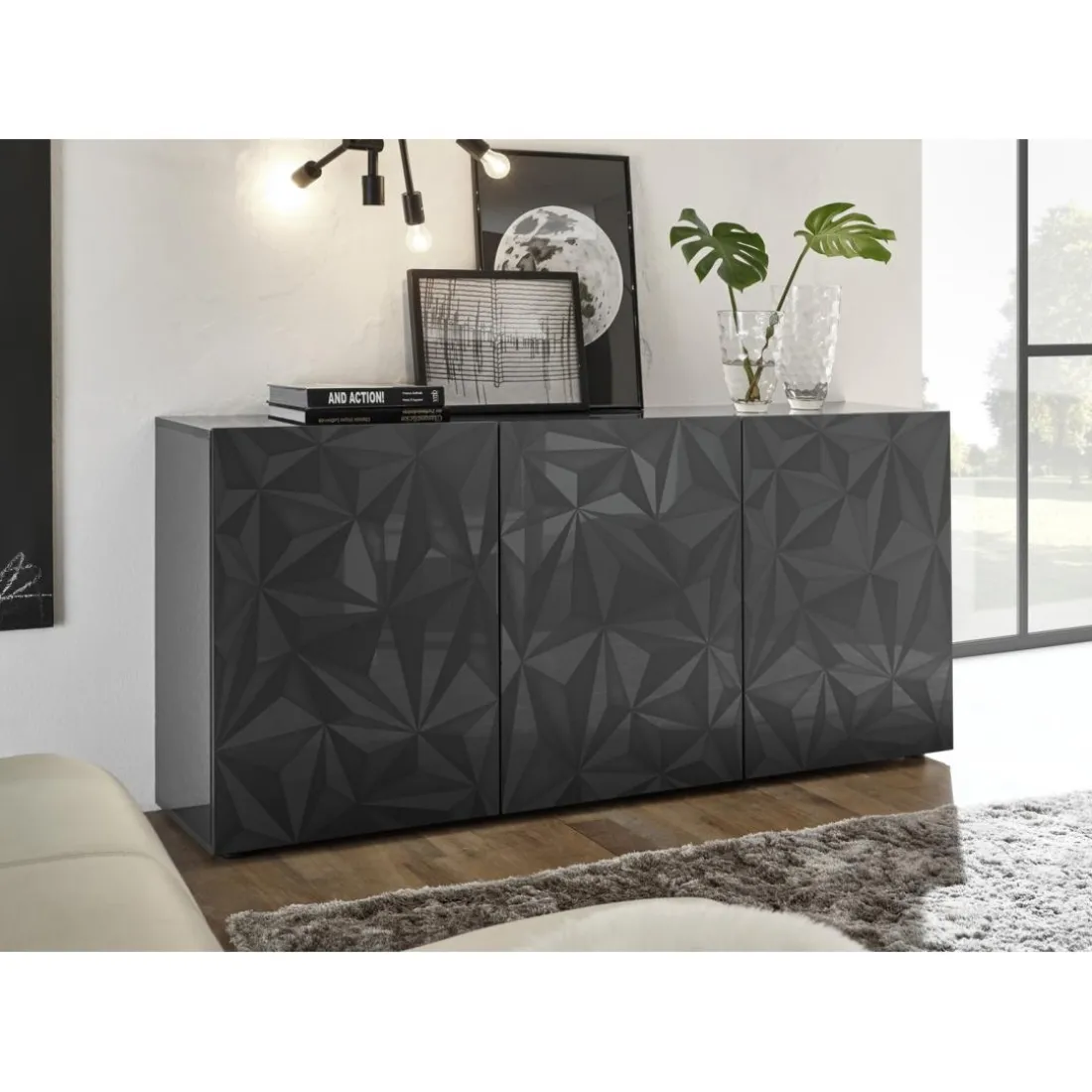 Buffet 3 portes PRISMA laqué anthracite brillant