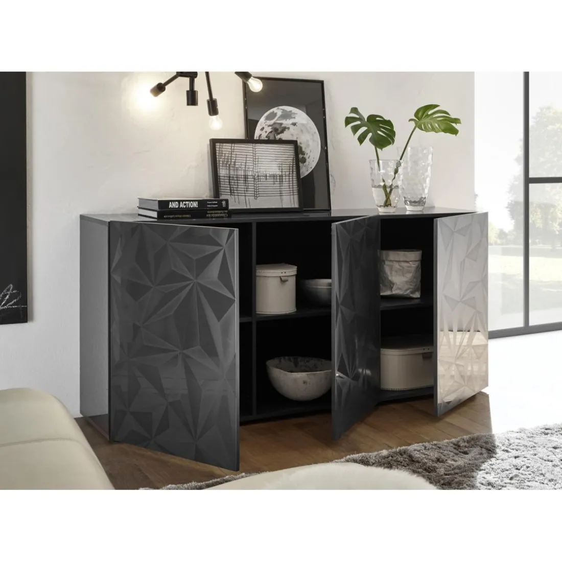 Buffet 3 portes PRISMA laqué anthracite brillant
