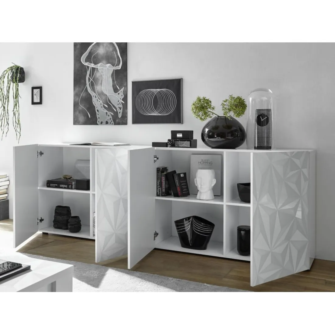 Buffet 4 portes PRISMA laqué blanc brillant