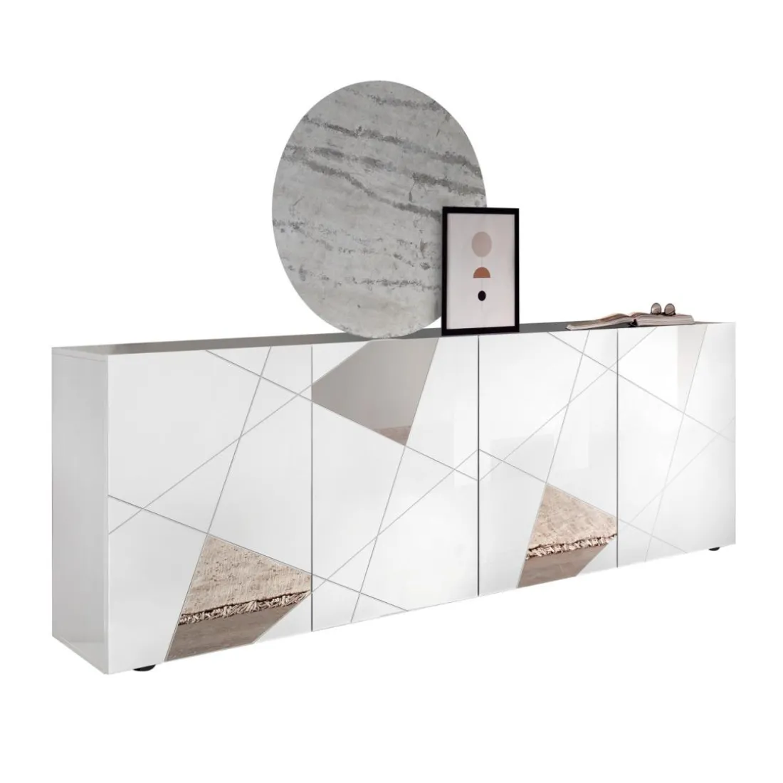 Buffet 4 portes VITTORIA blanc laqué avec sérigraphie