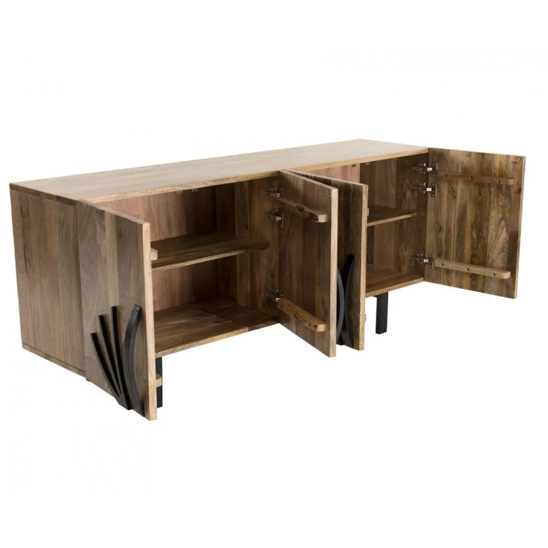 Buffet bois Manguier 177x45cm 4 portes 2 étagères déco branches pieds métal Bangalore