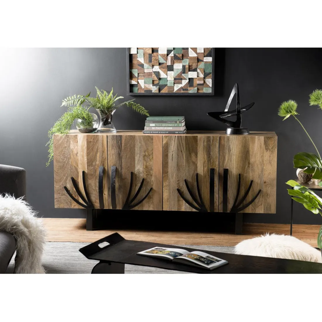 Buffet bois Manguier 177x45cm 4 portes 2 étagères déco branches pieds métal Bangalore
