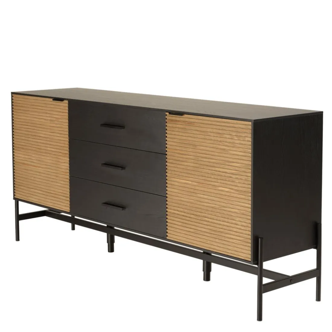 Buffet marron et noir 3 tiroirs 2 portes Pin pieds métal noir