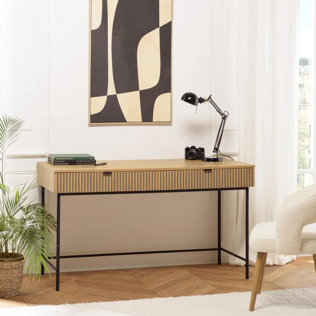 Bureau 2 tiroirs décor effet bois rainuré noir et naturel SCOTT