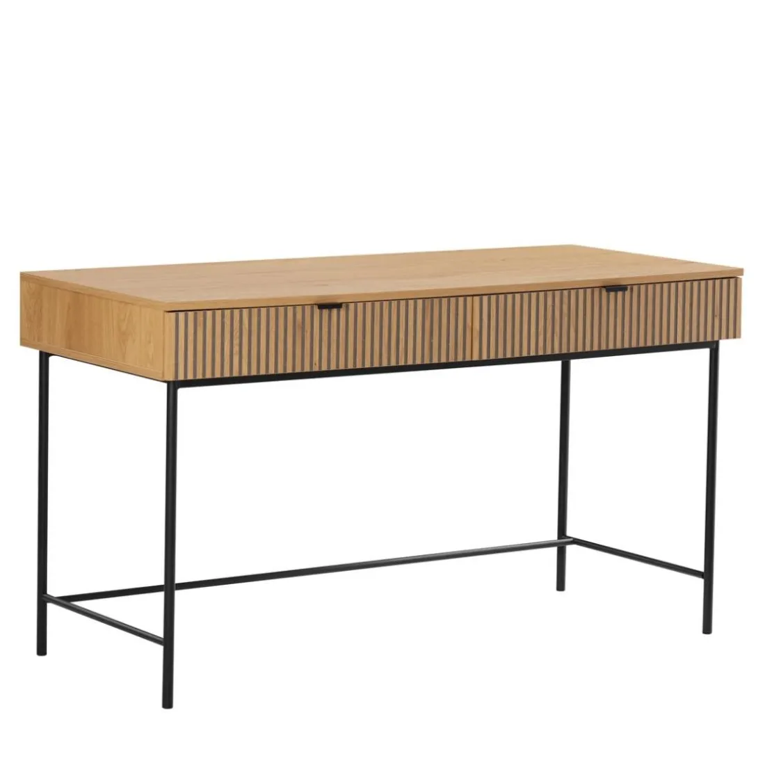 Bureau 2 tiroirs décor effet bois rainuré noir et naturel SCOTT