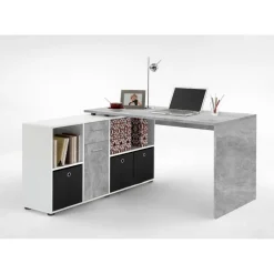 Bureau Angulaire Réversible Gris Béton Blanc MOUFY