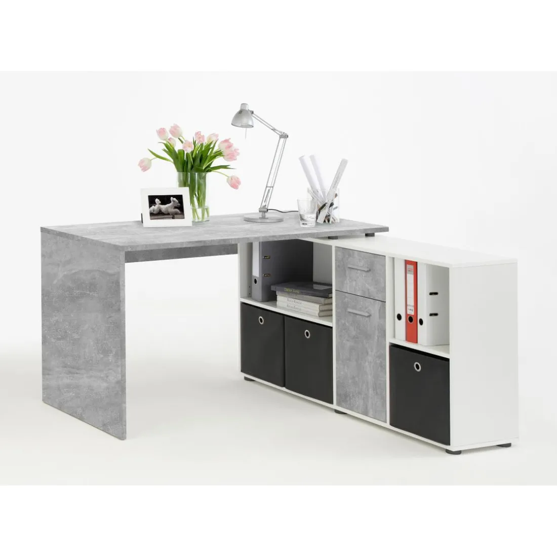 Bureau Angulaire Réversible Gris Béton Blanc MOUFY