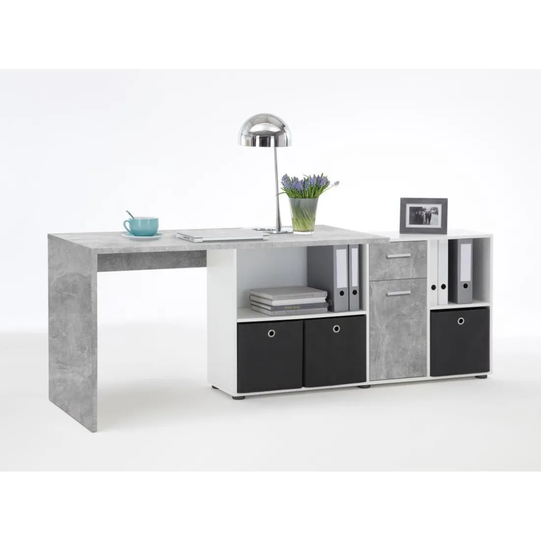 Bureau Angulaire Réversible Gris Béton Blanc MOUFY