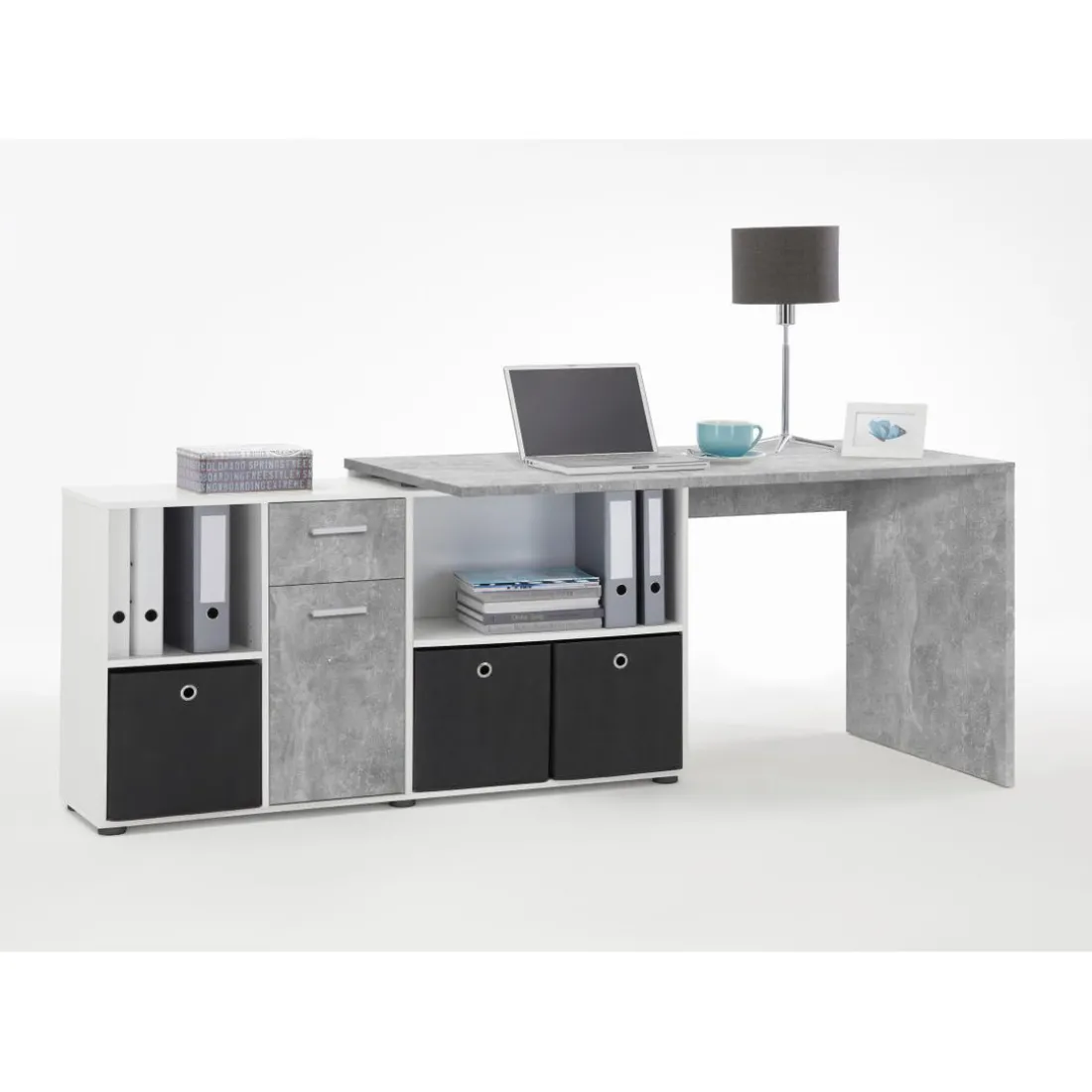 Bureau Angulaire Réversible Gris Béton Blanc MOUFY