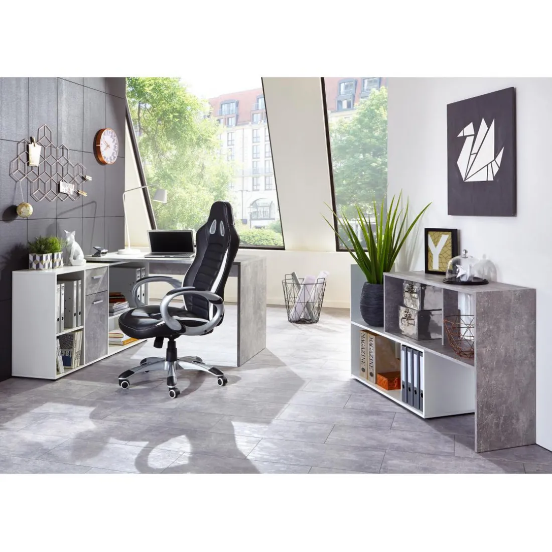 Bureau Angulaire Réversible Gris Béton Blanc MOUFY
