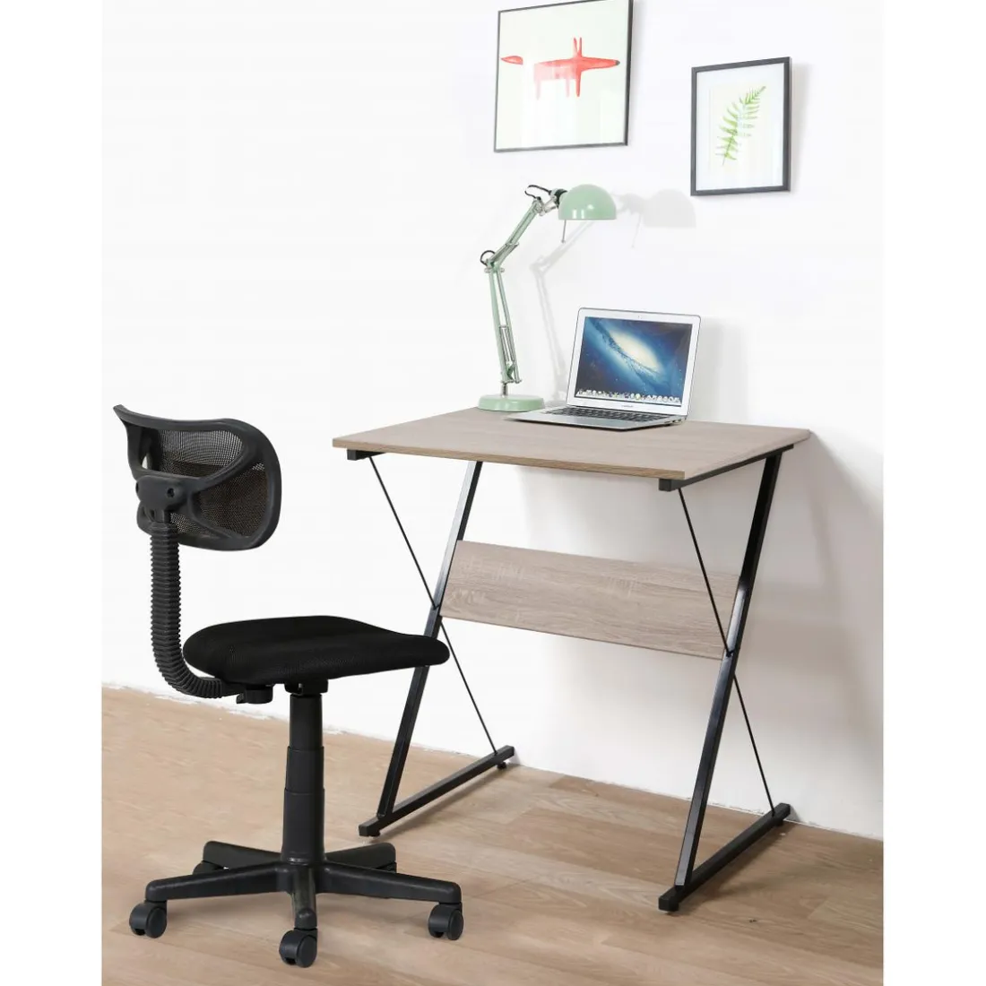 Bureau en métal noir et plateaux en bois marron