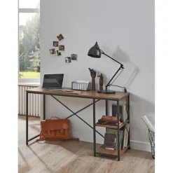 bureau métal laqué noir et chêne + rangements