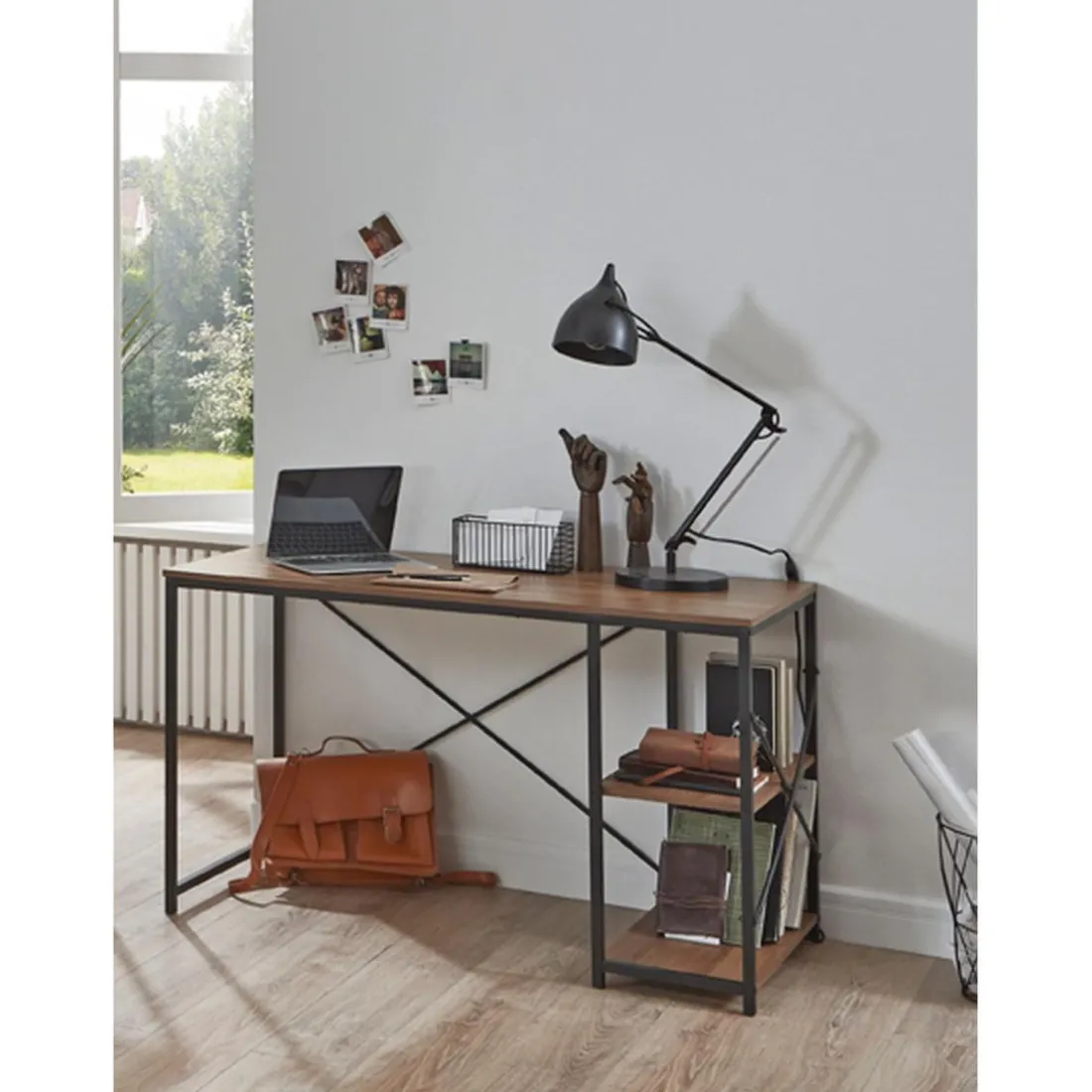 bureau métal laqué noir et chêne + rangements