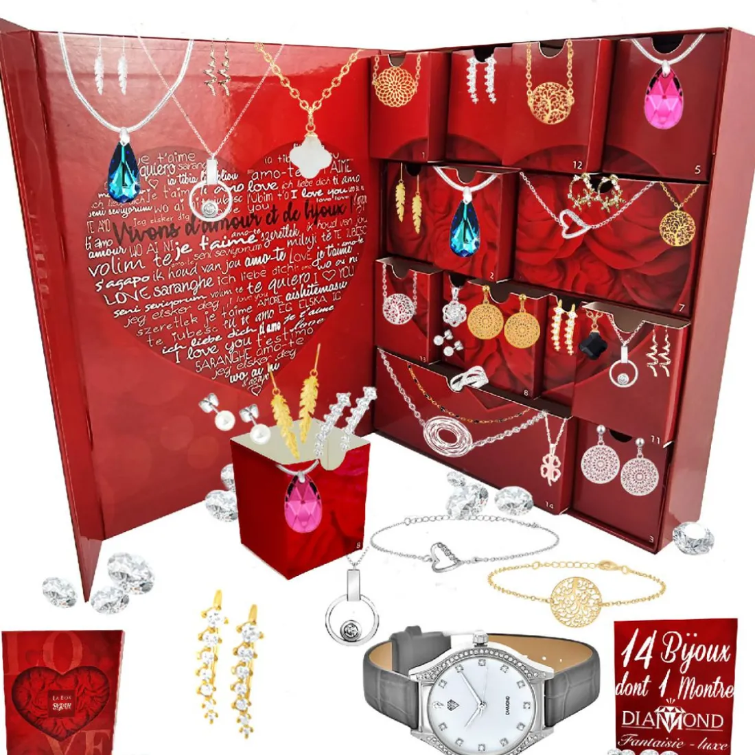 Calendrier de l'avent 13 bijoux et 1 montre ornée d'un véritable diamant - So Charm