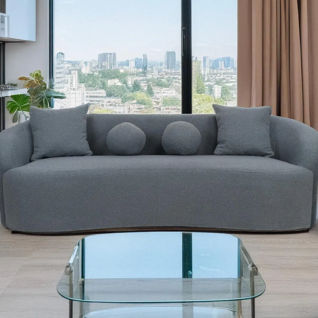 Canapé 4 places au design élégant et incurvé Alex XL Tissu bouclette Gris