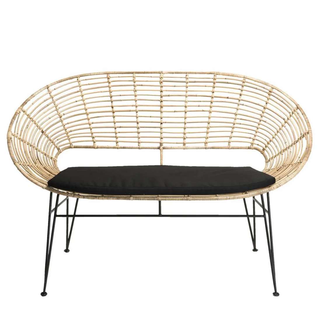 Canapé 2 Places CHLOE Rotin Naturel NEWPORT Coussin Noir Pieds Métal