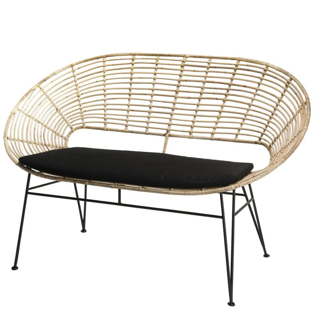 Canapé 2 Places CHLOE Rotin Naturel NEWPORT Coussin Noir Pieds Métal