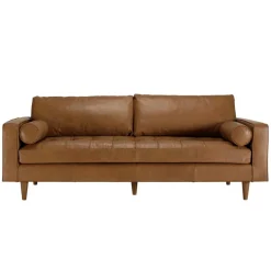 Canapé 3 places cuir couleur caramel assise capitonnée PIERRE