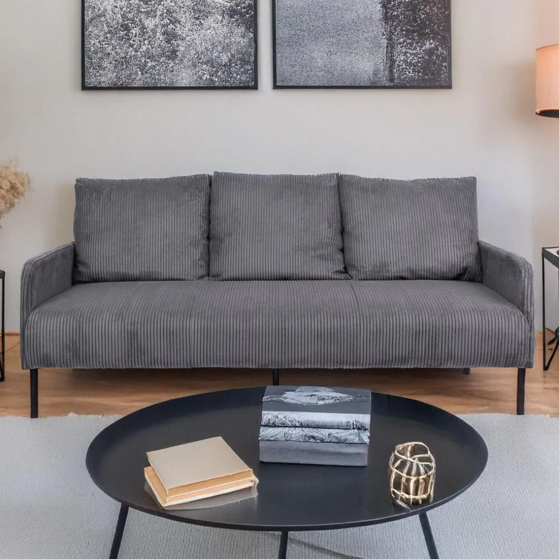 Canapé 3 places moderne et élégant Manuelo Velours côtelé Gris foncé