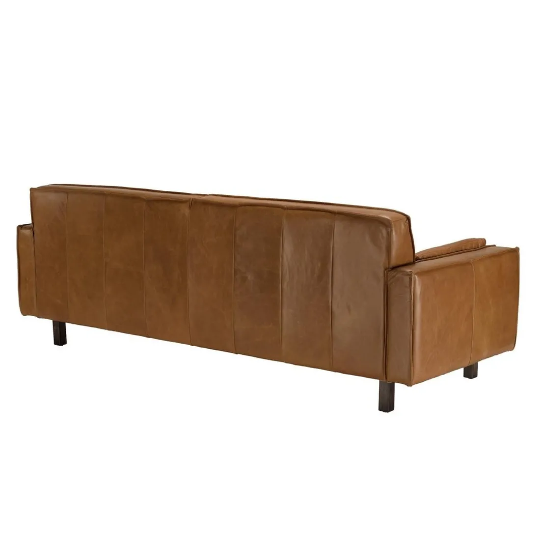 Canapé 3 places vintage en cuir marron camel, pieds en bois GASTON