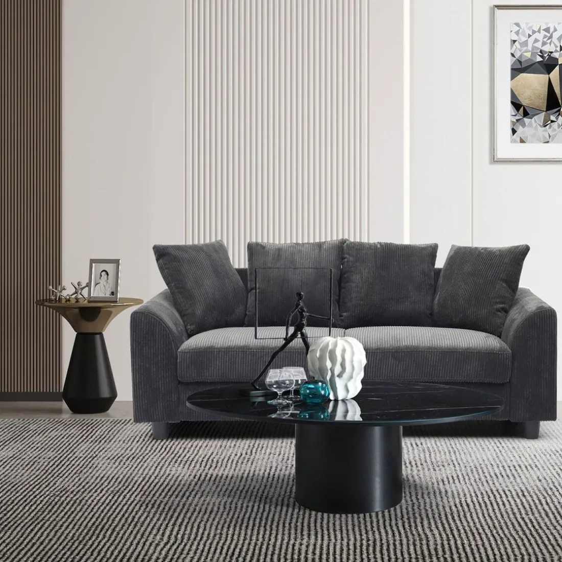 Canapé contemporain 3 places Mozart Velours côtelé Gris foncé
