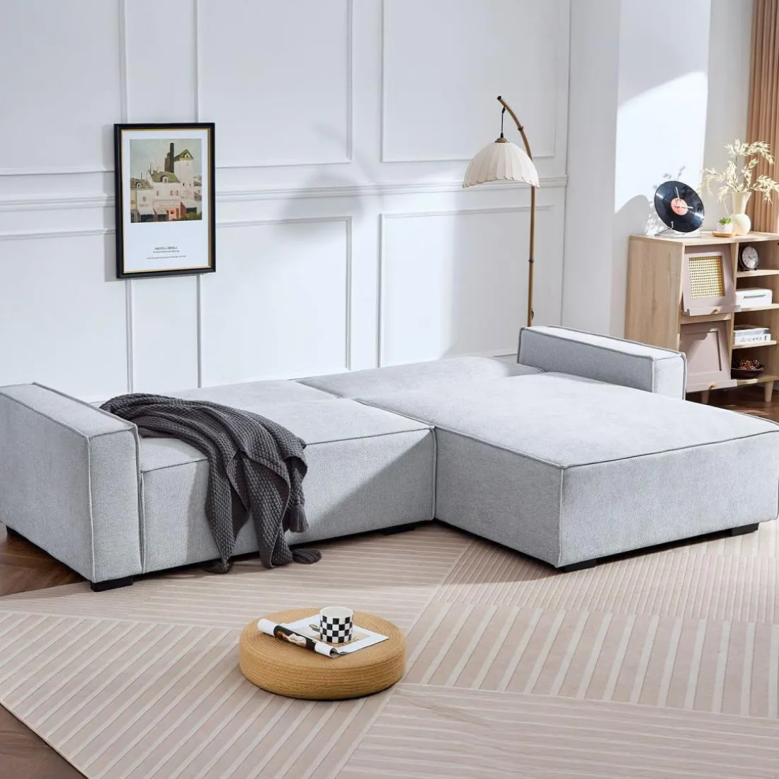 Canapé convertible cic-clac avec angle réversible Pikado Tissu effet lin Gris clair