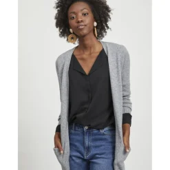 Cardigan col fendu poignets côtelés gris en viscose Juno
