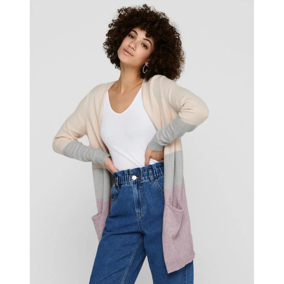Cardigans en maille Rayures Col en V Manches longues Coupe plus longue beige Fern