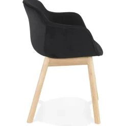 Chaise avec accoudoirs 'FRIDA' en velours noir et pieds en bois naturel