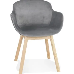 Chaise avec accoudoirs 'FRIDA' en velours gris et pieds en bois naturel