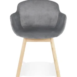 Chaise avec accoudoirs 'FRIDA' en velours gris et pieds en bois naturel