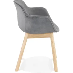 Chaise avec accoudoirs 'FRIDA' en velours gris et pieds en bois naturel