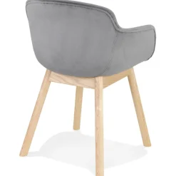 Chaise avec accoudoirs 'FRIDA' en velours gris et pieds en bois naturel