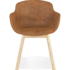 Chaise avec accoudoirs 'RUPERT' en microfibre brune et pieds en bois naturel